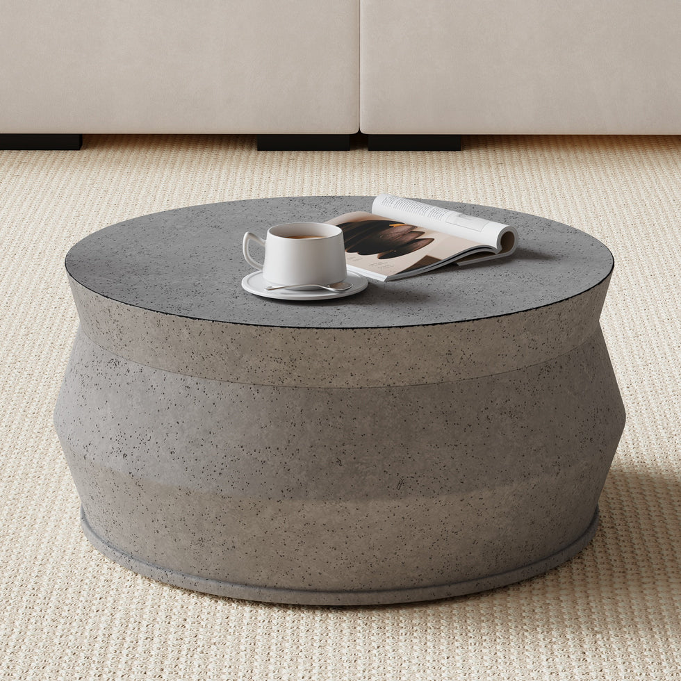 HMR - Set of 2 Round Nesting Coffee Table Set Glass Modern Concrete Gray Drum Coffee Table