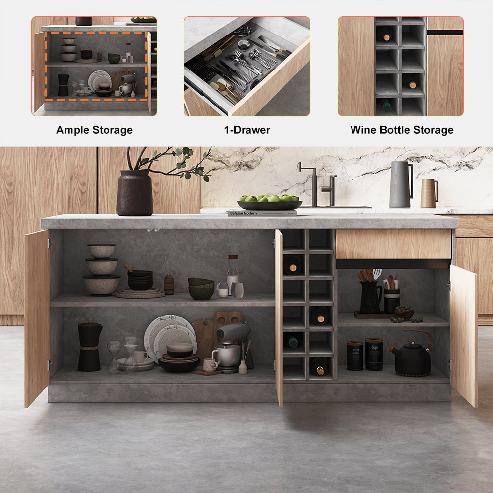 HMR - 72" Japandi Style Wood Kitchen Island with Multi-Storage and LED Light