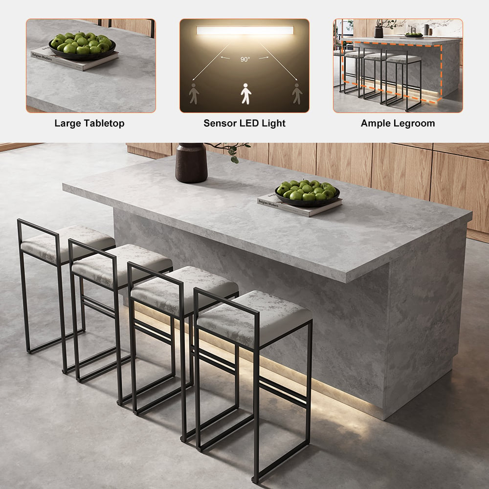 HMR - 72" Japandi Style Wood Kitchen Island with Multi-Storage and LED Light