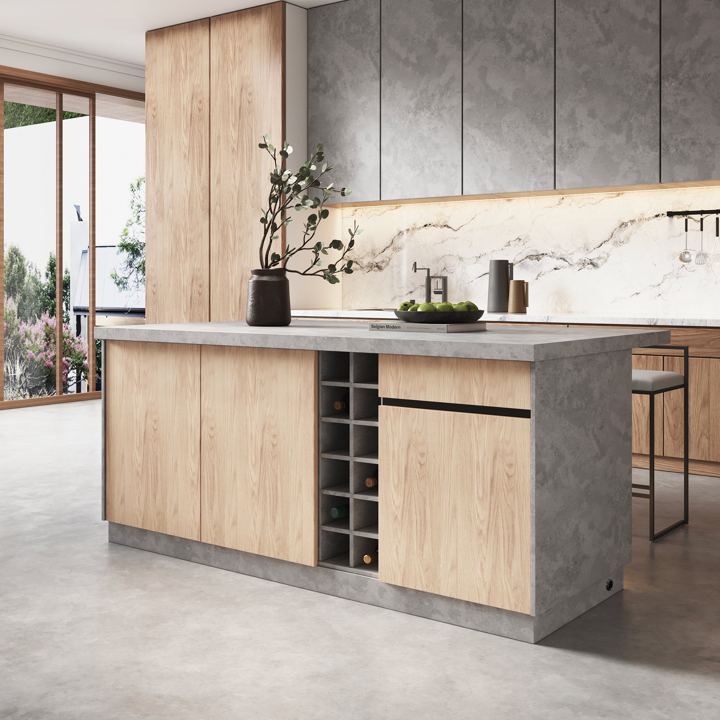HMR - 72" Japandi Style Wood Kitchen Island with Multi-Storage and LED Light