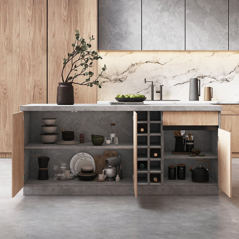 HMR - 72" Japandi Style Wood Kitchen Island with Multi-Storage and LED Light