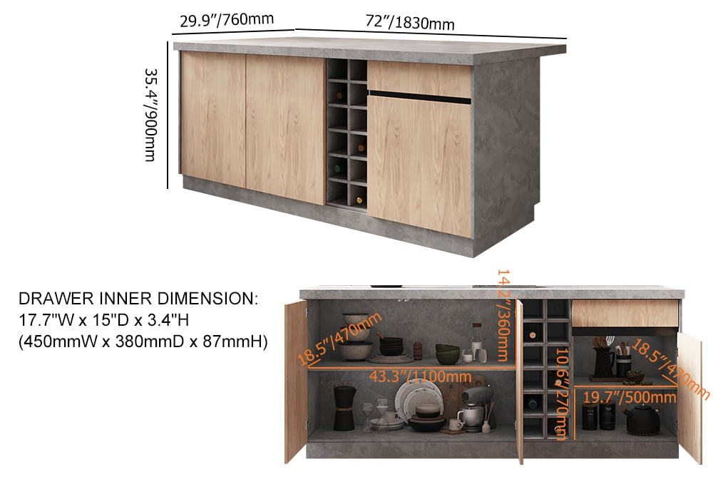 HMR - 72" Japandi Style Wood Kitchen Island with Multi-Storage and LED Light