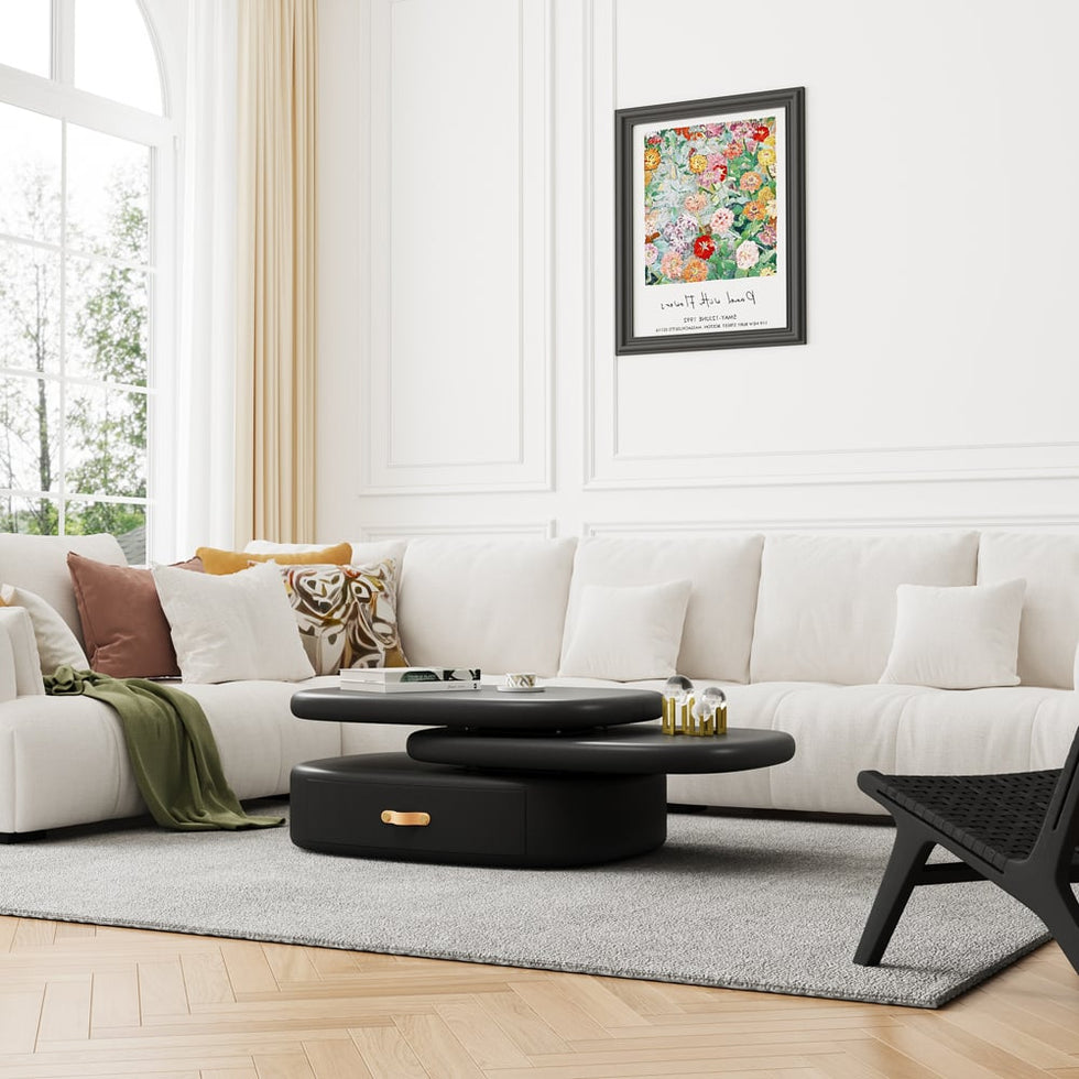 HMR - 3-Tiered Modern Oval Black Pebbles Rotating Coffee Table with Storage