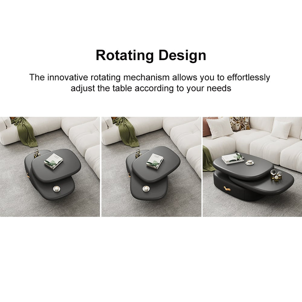 HMR - 3-Tiered Modern Oval Black Pebbles Rotating Coffee Table with Storage