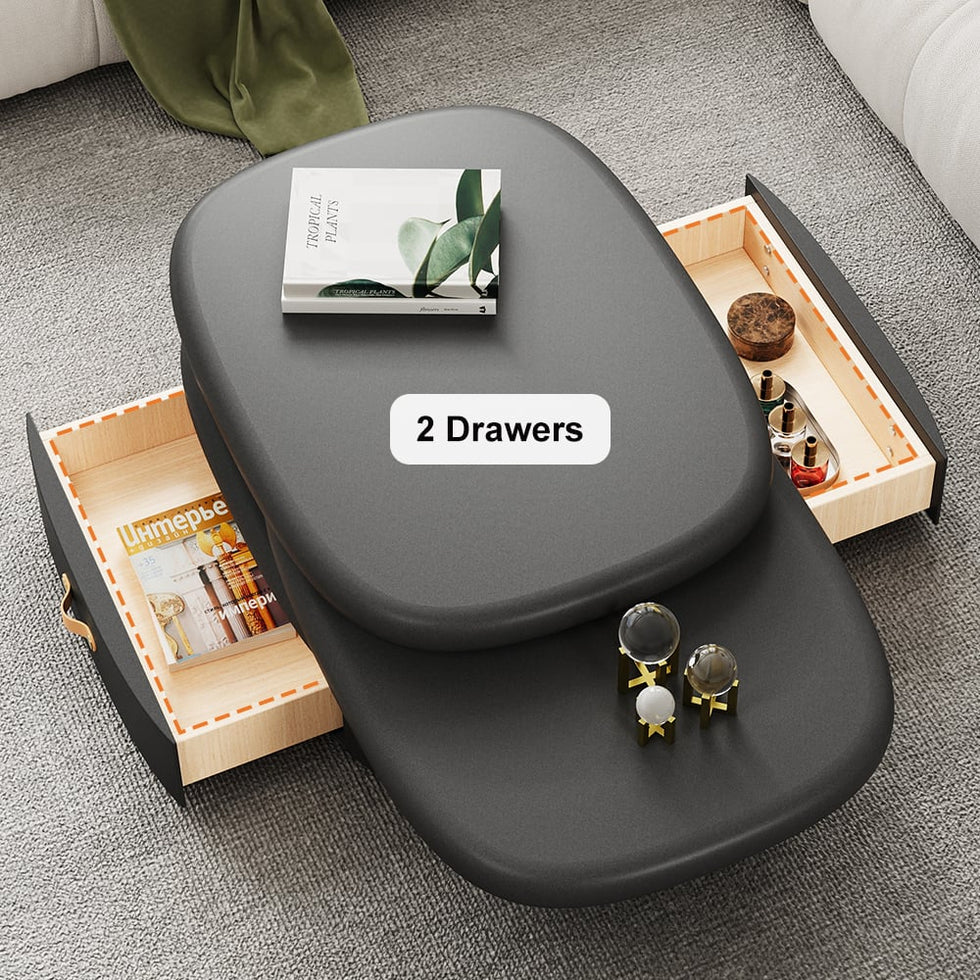 HMR - 3-Tiered Modern Oval Black Pebbles Rotating Coffee Table with Storage