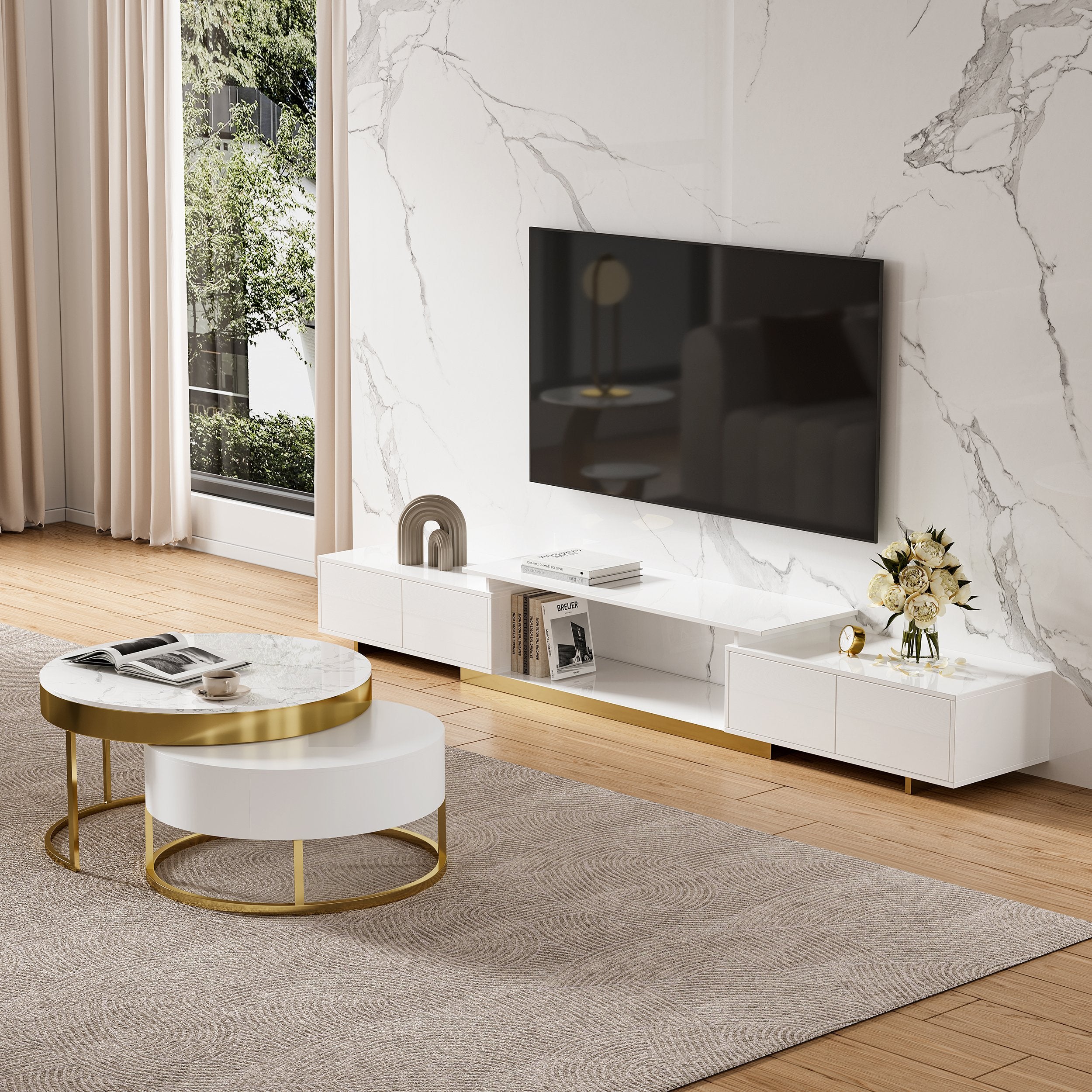 HMR - Mordelle Glossy Extendable TV Stand & Coffee Table Set