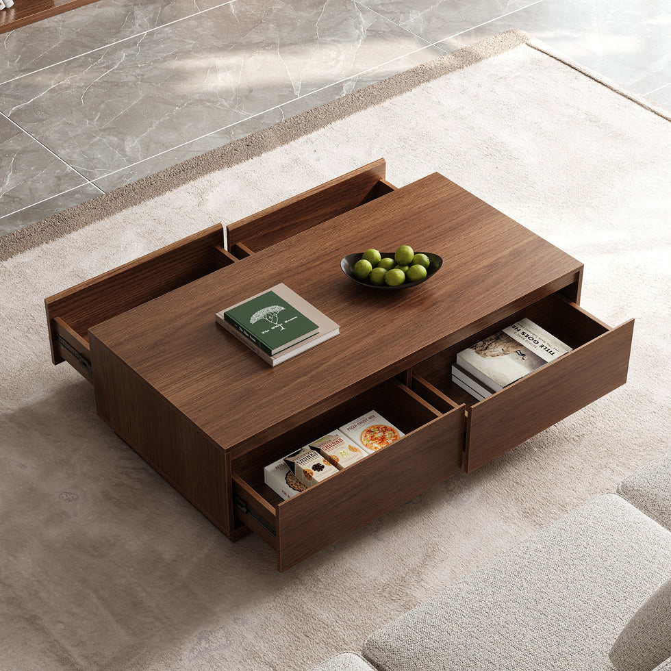 HMR - 47" Mid Century Rectangular Walnut Block Coffee Table