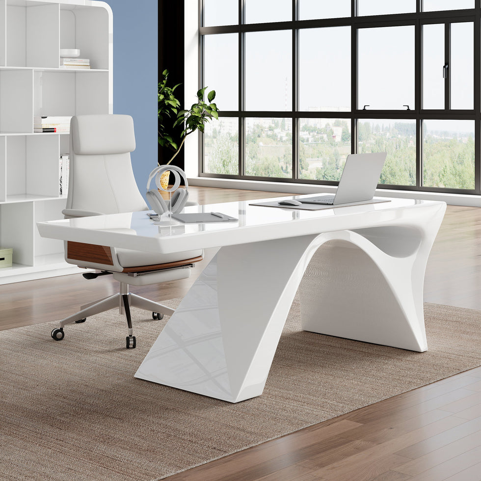HMR - Modern White Computer Desk & Leather Office Desk Chair Set High Back Adjustable