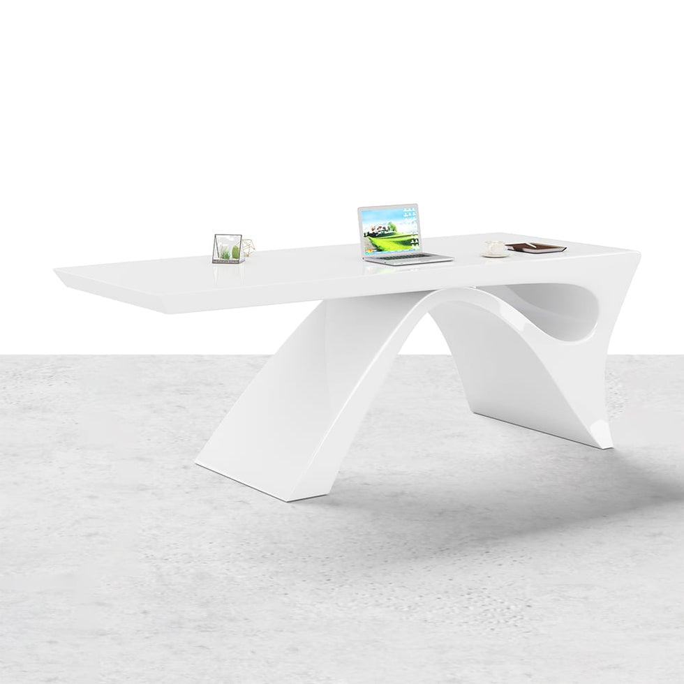 HMR - Modern White Computer Desk & Leather Office Desk Chair Set High Back Adjustable