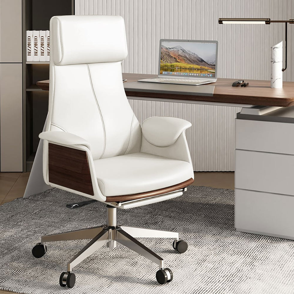 HMR - Modern White Computer Desk & Leather Office Desk Chair Set High Back Adjustable