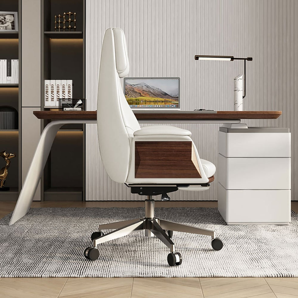 HMR - Modern White Computer Desk & Leather Office Desk Chair Set High Back Adjustable