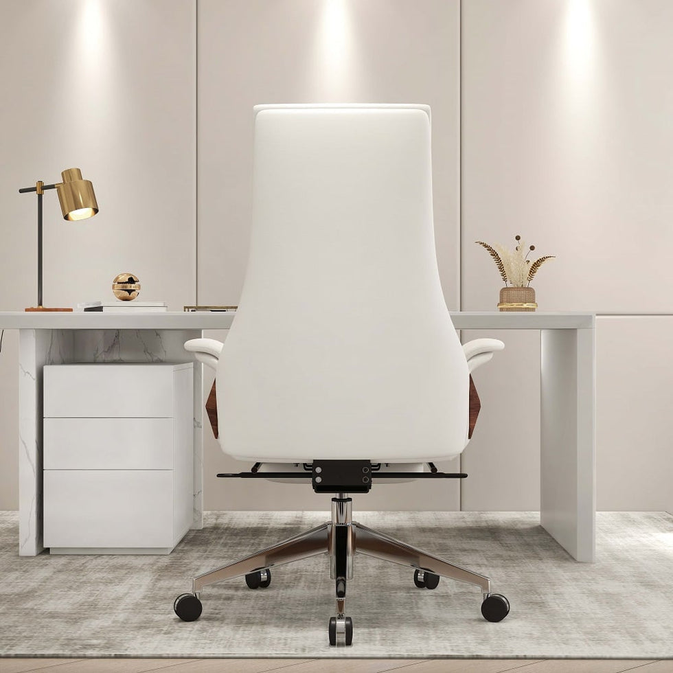 HMR - Modern White Computer Desk & Leather Office Desk Chair Set High Back Adjustable