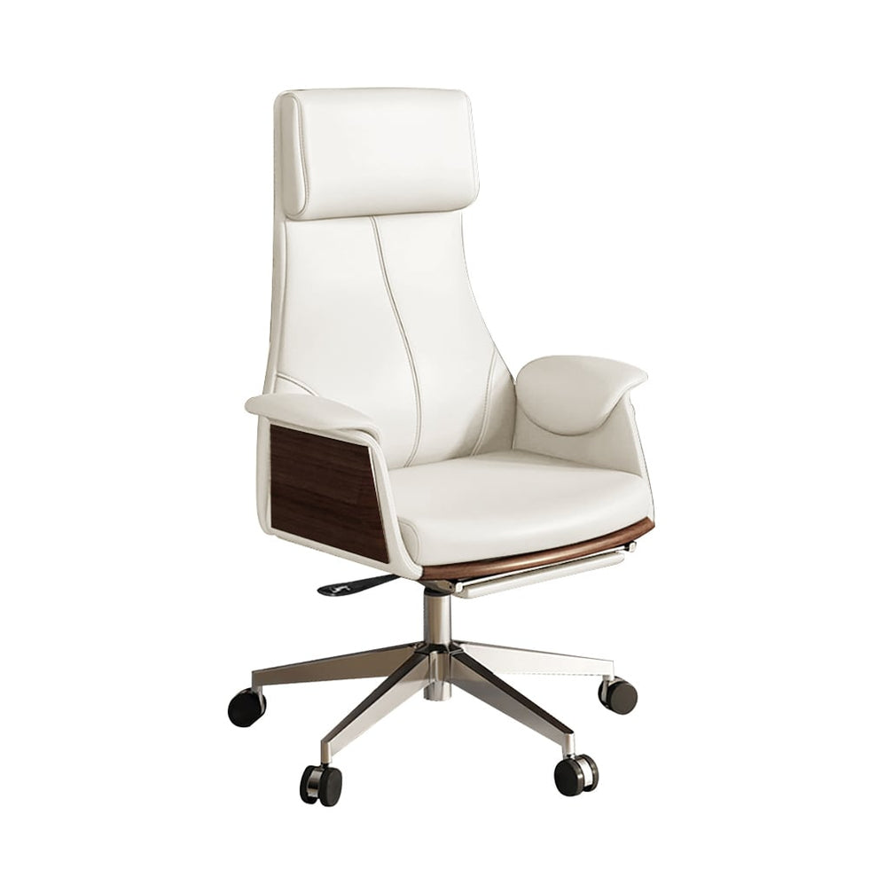 HMR - Modern White Computer Desk & Leather Office Desk Chair Set High Back Adjustable
