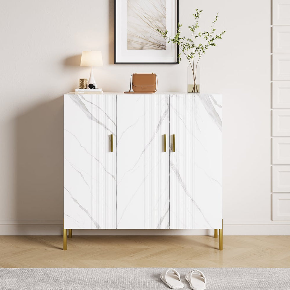 HMR - Marble Texture Shoe Storage Cabinet 3 Doors & 5 Shelves Entryway Closet Shoe Storage