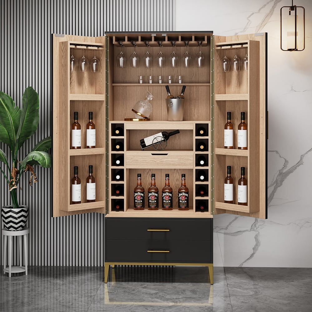 HMR - Black Bar Cabinet with Door Modern Storage Home Bar Cabinet with Glass Rack&Drawers
