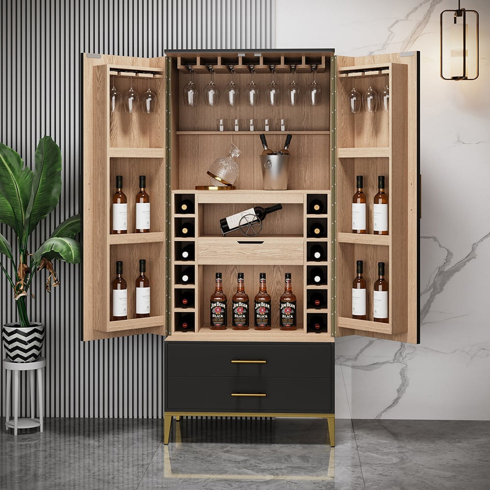 HMR - Black Bar Cabinet with Door Modern Storage Home Bar Cabinet with Glass Rack&Drawers