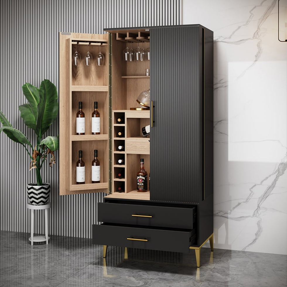 HMR - Black Bar Cabinet with Door Modern Storage Home Bar Cabinet with Glass Rack&Drawers