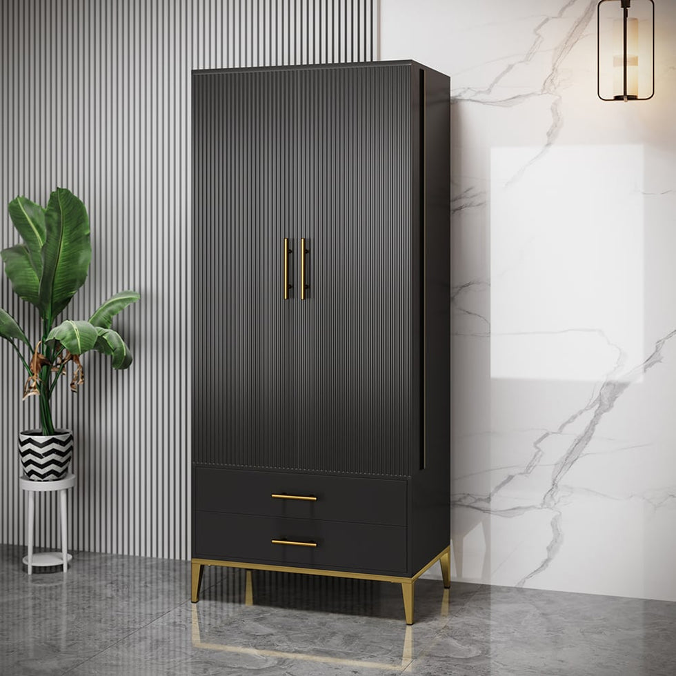 HMR - Black Bar Cabinet with Door Modern Storage Home Bar Cabinet with Glass Rack&Drawers