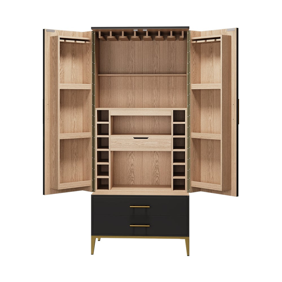 HMR - Black Bar Cabinet with Door Modern Storage Home Bar Cabinet with Glass Rack&Drawers