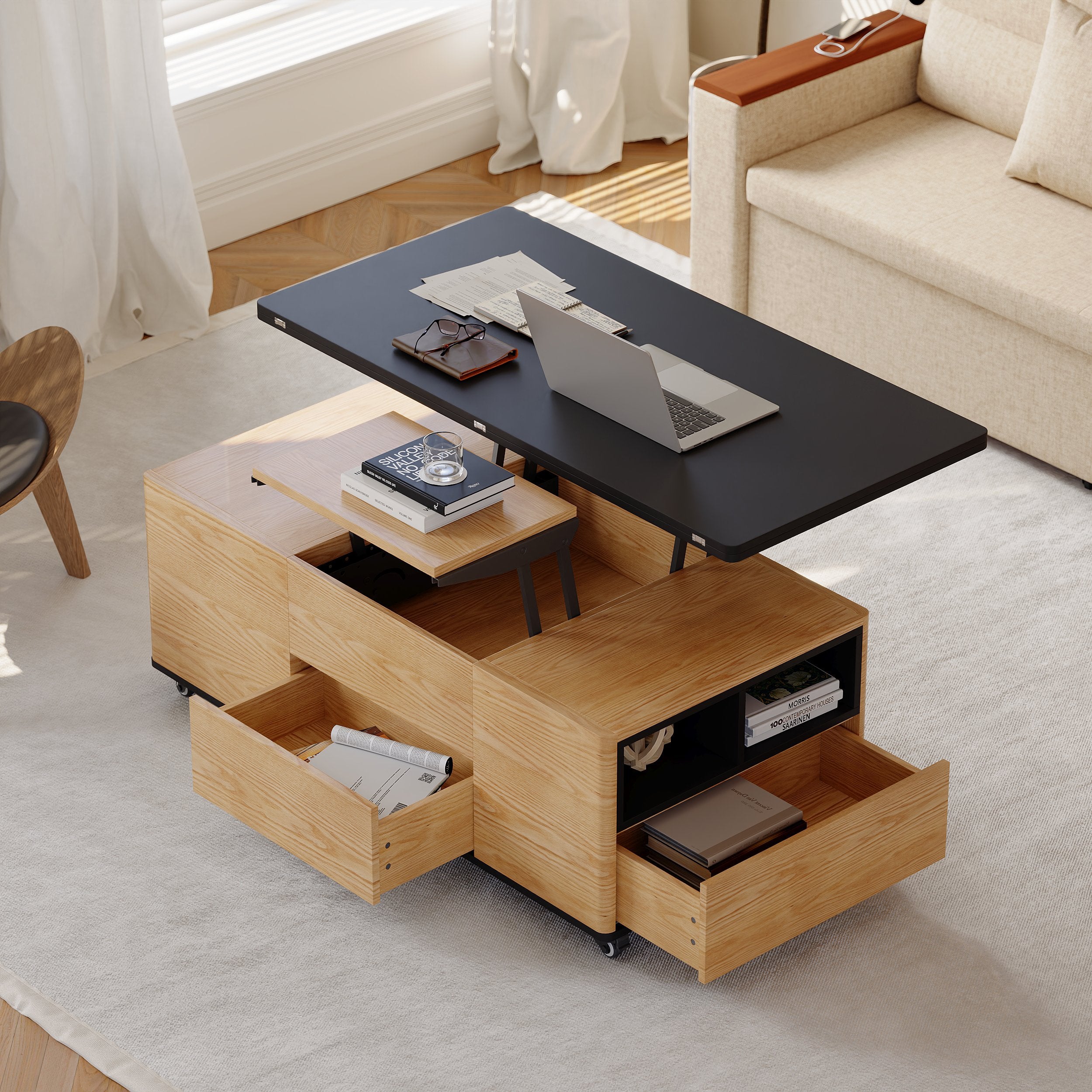 HMR - Modern 47" Lift Top Foldable Coffee Table Multi Functional Table with 3 Drawers & Cabinet