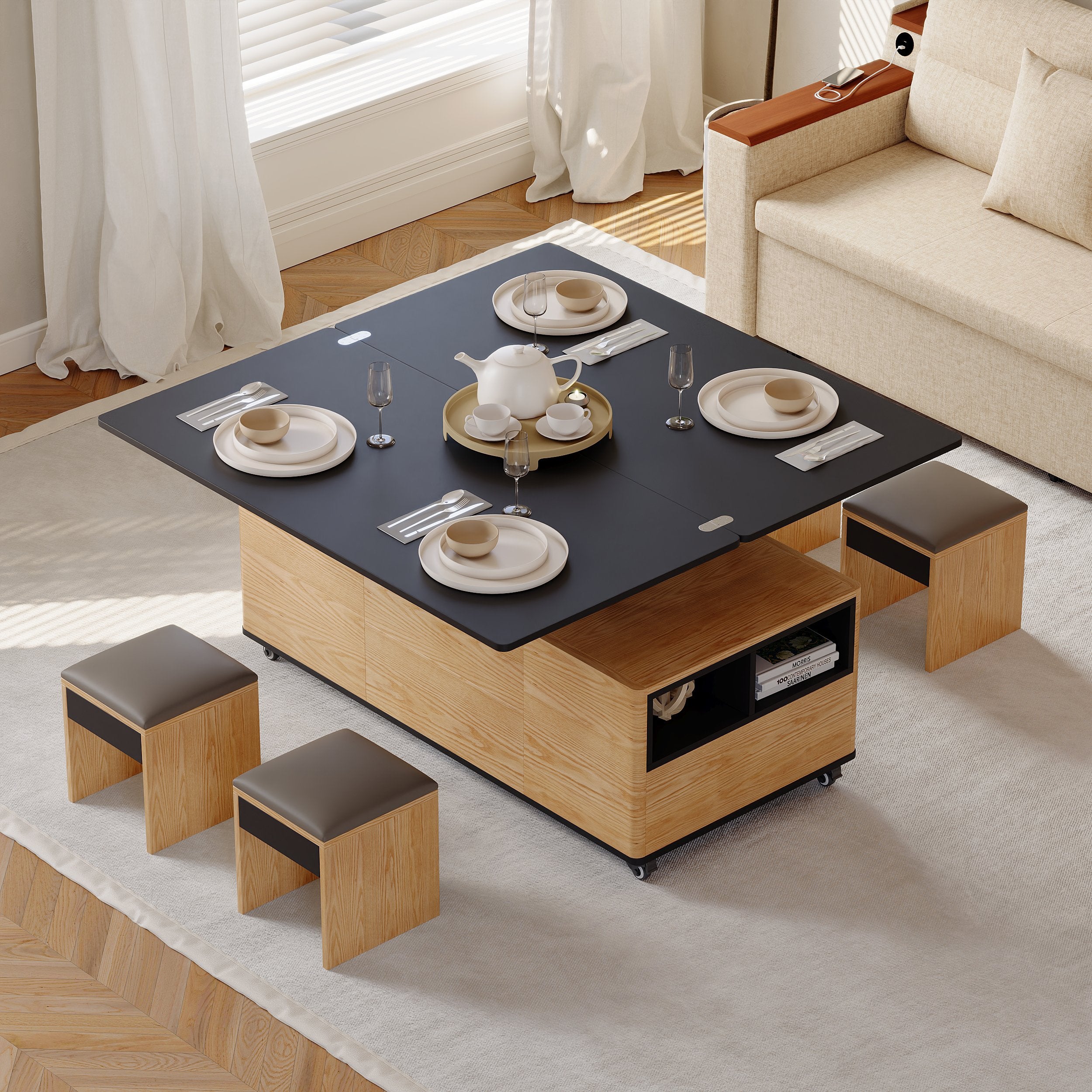 HMR - Modern 47" Lift Top Foldable Coffee Table Multi Functional Table with 3 Drawers & Cabinet