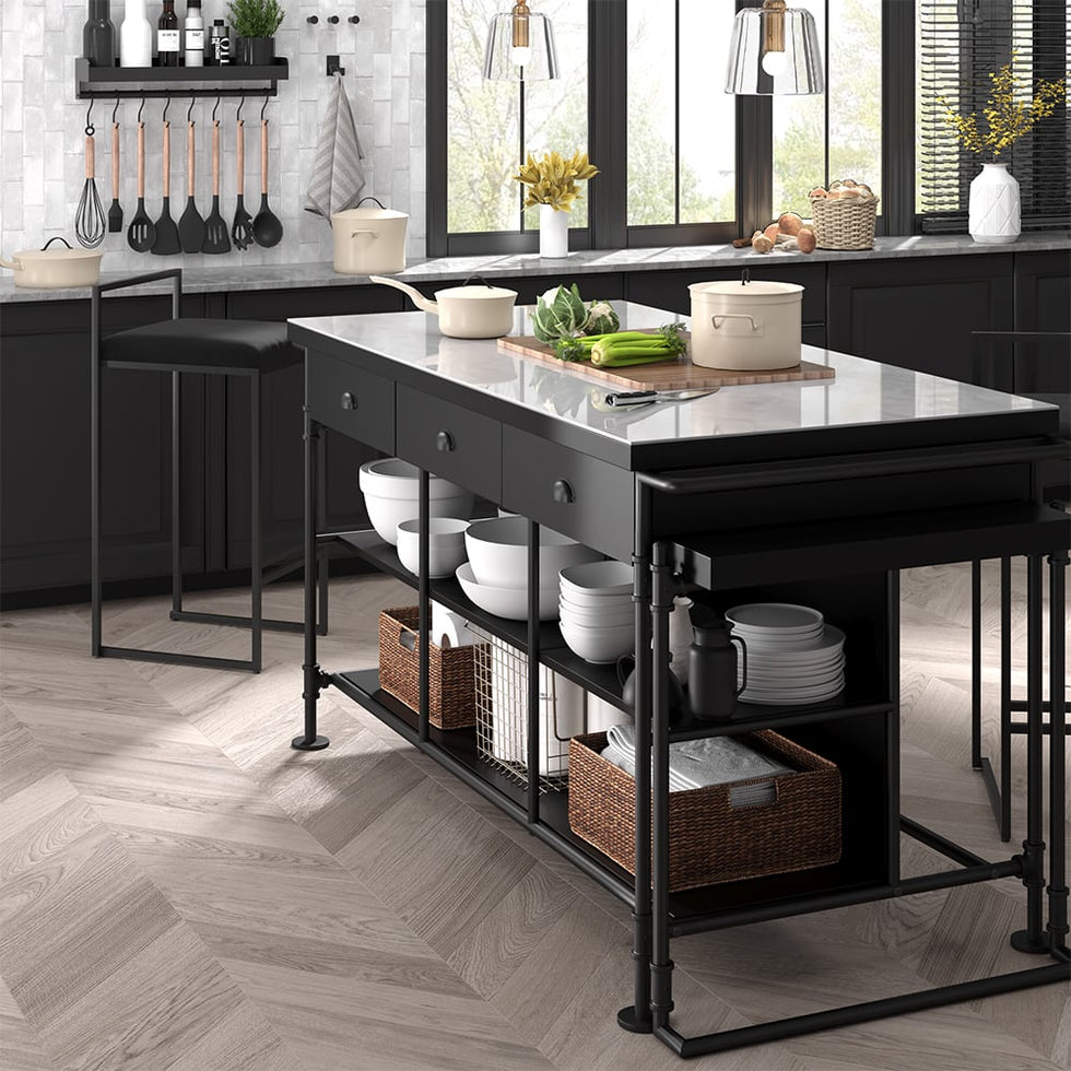 HMR - 60" Industrial Extendable Faux Marble Kitchen Islands Black with 3-Drawer