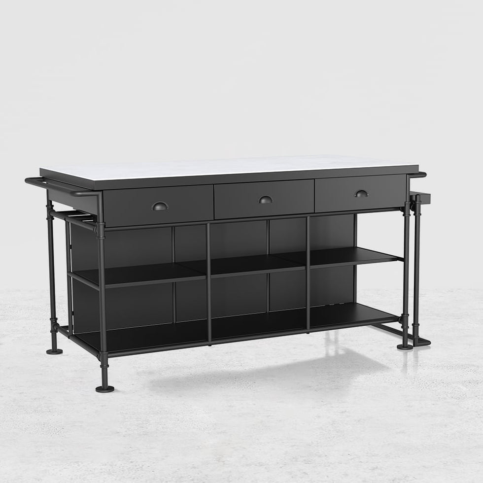 HMR - 60" Industrial Extendable Faux Marble Kitchen Islands Black with 3-Drawer