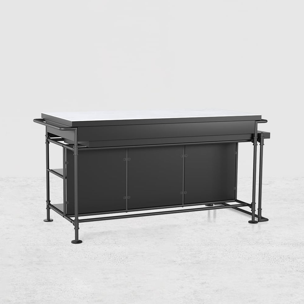 HMR - 60" Industrial Extendable Faux Marble Kitchen Islands Black with 3-Drawer