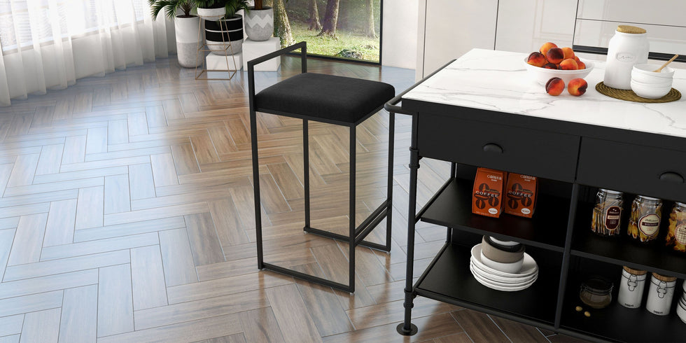 HMR - 60" Industrial Extendable Faux Marble Kitchen Islands Black with 3-Drawer