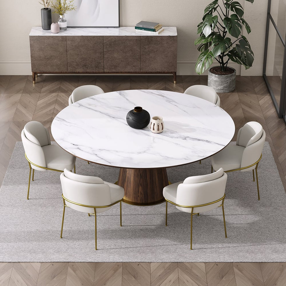 HMR - Dining Set 47.2" Round Sintered Stone Dining Table With 6 Chairs