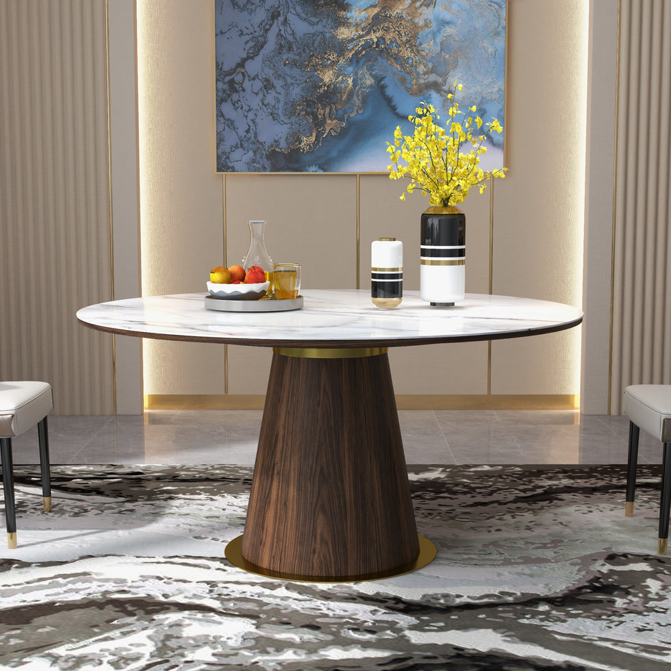 HMR - Dining Set 47.2" Round Sintered Stone Dining Table With 6 Chairs