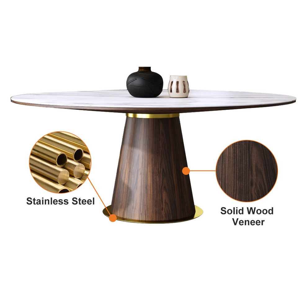 HMR - Dining Set 47.2" Round Sintered Stone Dining Table With 6 Chairs