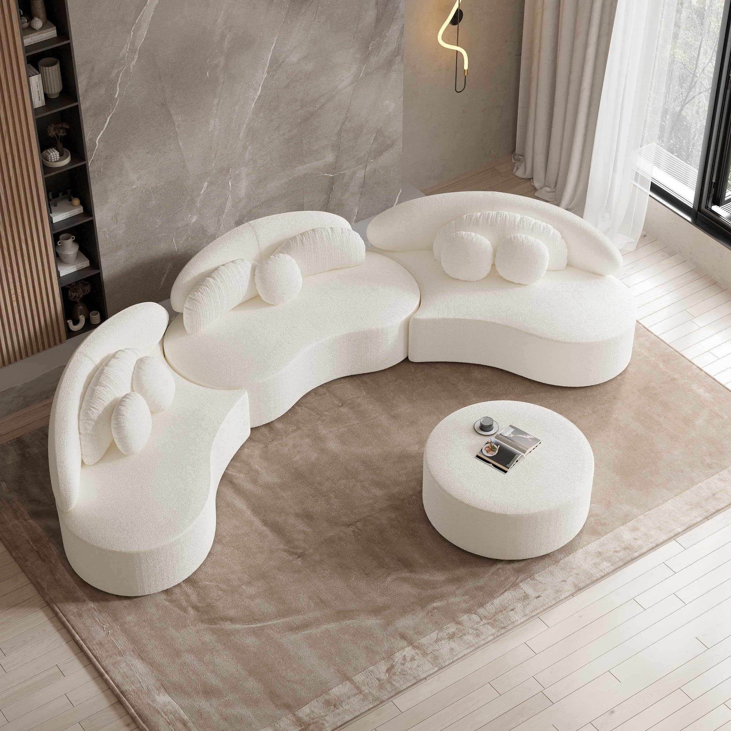 HMR - Curved Sectional Sofa with Ottoman & Pillows