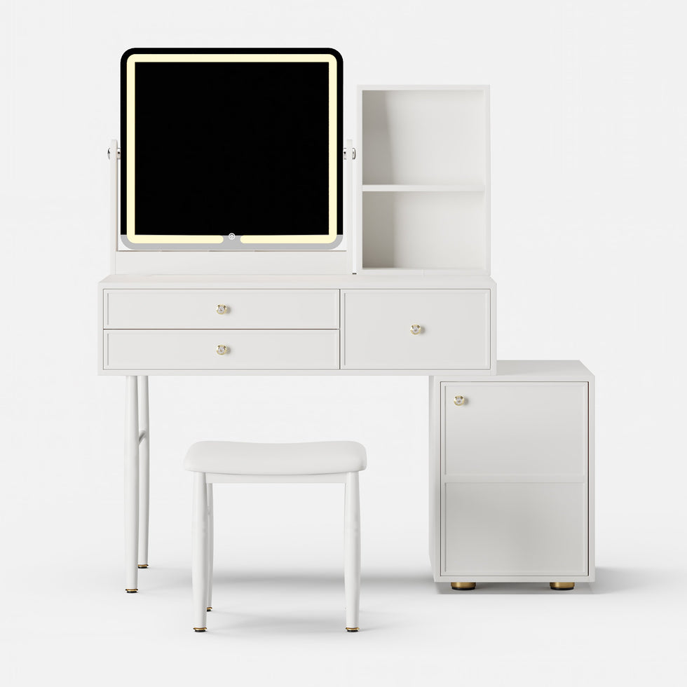HMR - 39" White Leather Makeup Vanity Set with Charger Led Mirror