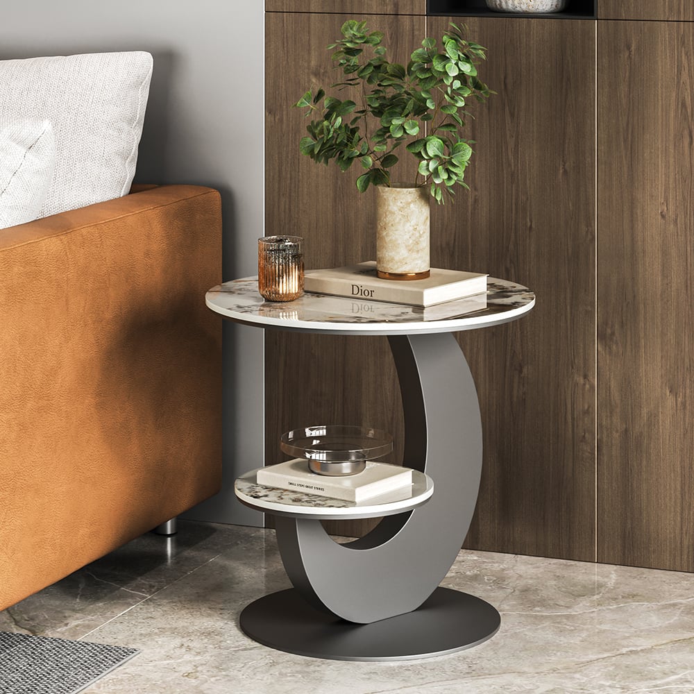 HMR - 20" Round Sintered Stone 2-Tier Moon-Shaped Side Table