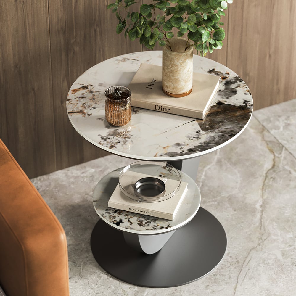 HMR - 20" Round Sintered Stone 2-Tier Moon-Shaped Side Table