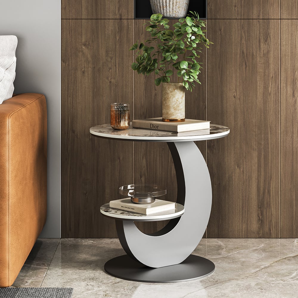 HMR - 20" Round Sintered Stone 2-Tier Moon-Shaped Side Table