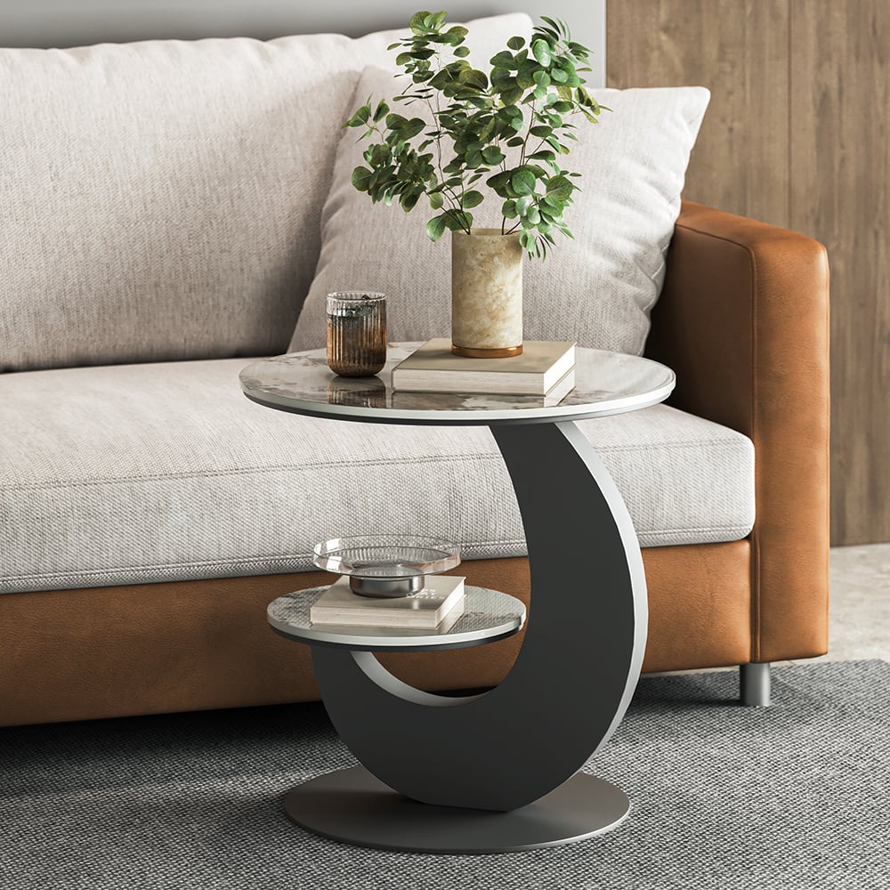 HMR - 20" Round Sintered Stone 2-Tier Moon-Shaped Side Table
