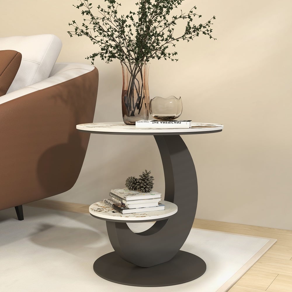 HMR - 20" Round Sintered Stone 2-Tier Moon-Shaped Side Table