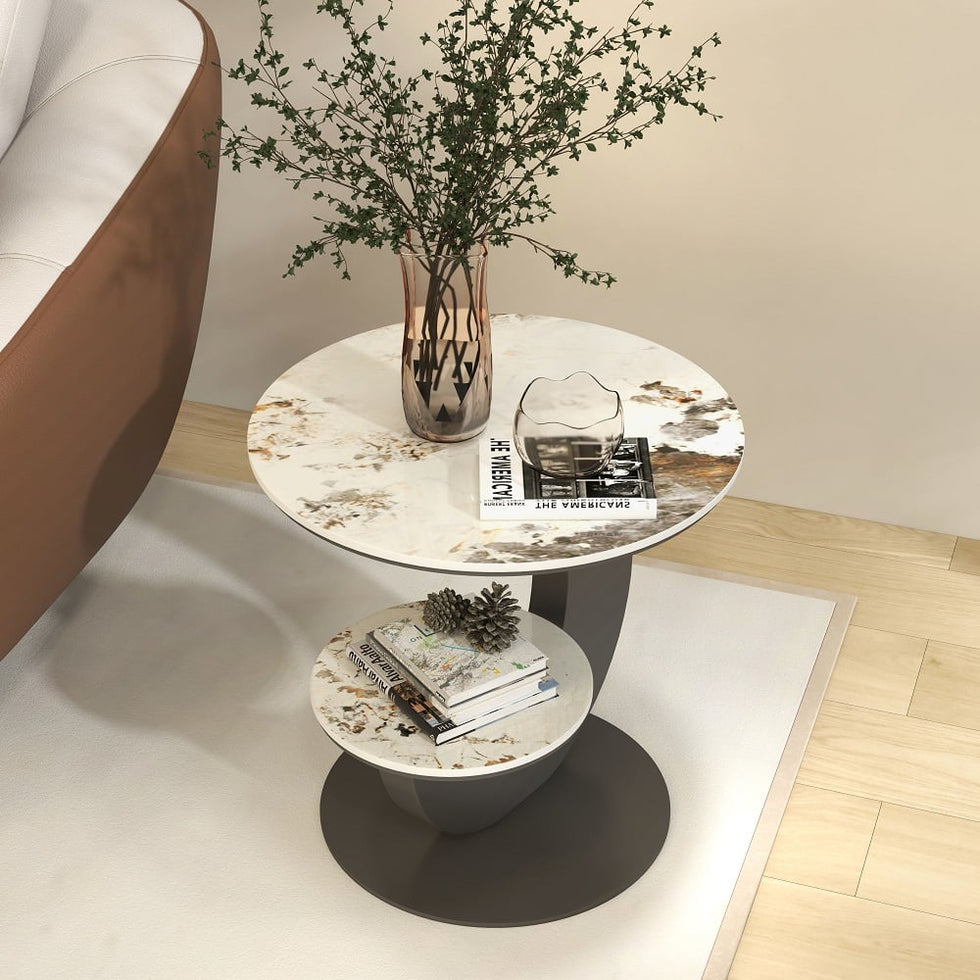 HMR - 20" Round Sintered Stone 2-Tier Moon-Shaped Side Table