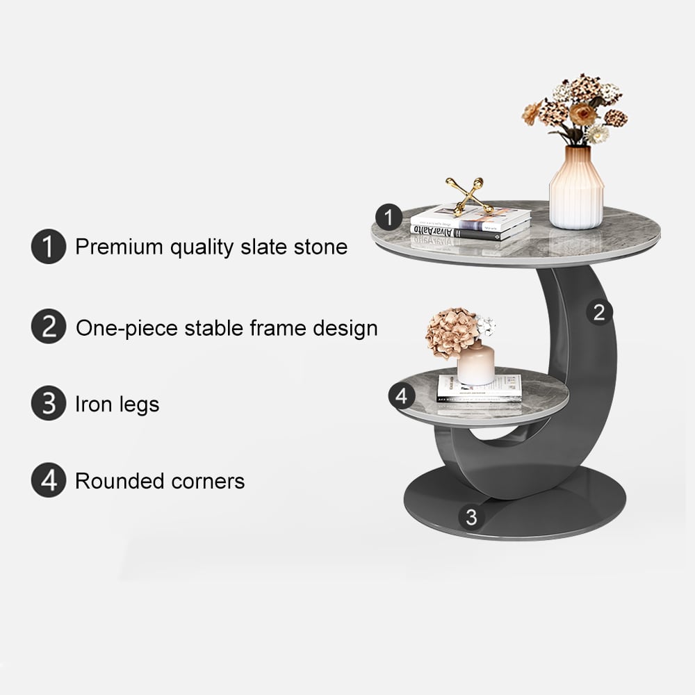 HMR - 20" Round Sintered Stone 2-Tier Moon-Shaped Side Table