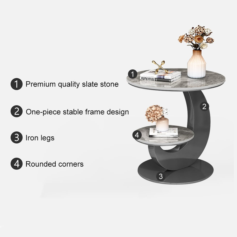 HMR - 20" Round Sintered Stone 2-Tier Moon-Shaped Side Table