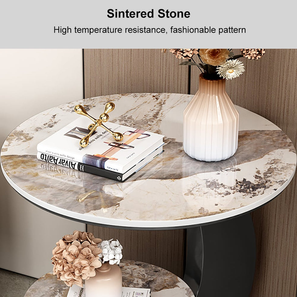 HMR - 20" Round Sintered Stone 2-Tier Moon-Shaped Side Table