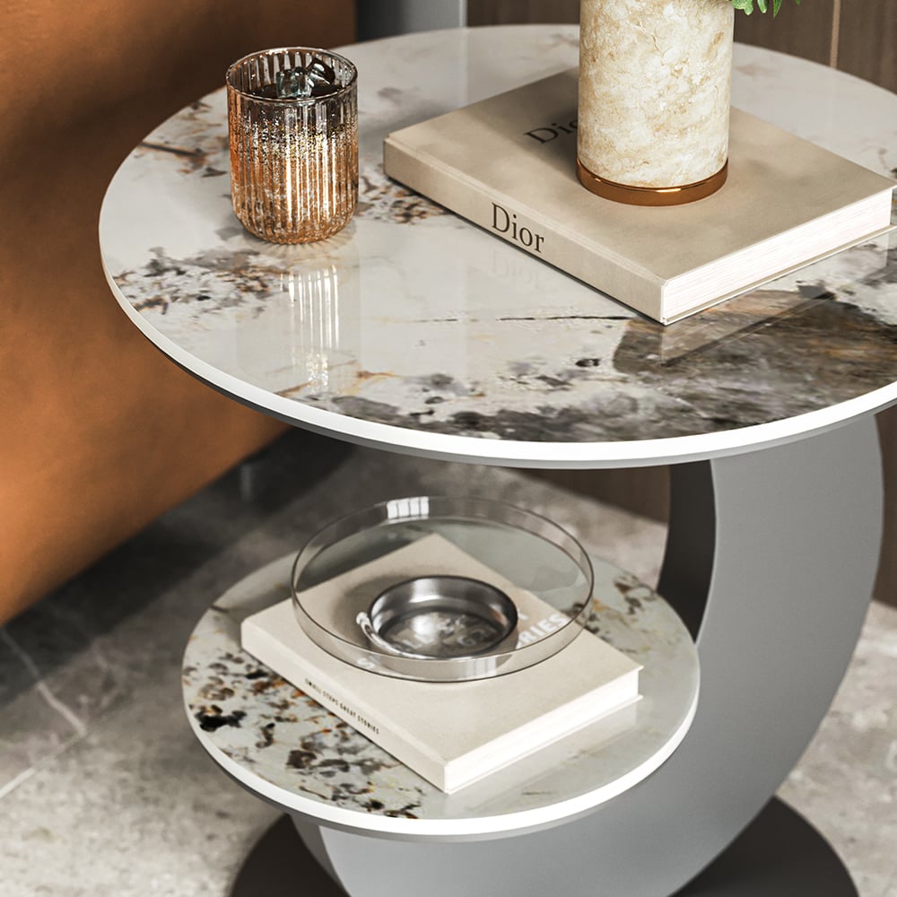 HMR - 20" Round Sintered Stone 2-Tier Moon-Shaped Side Table