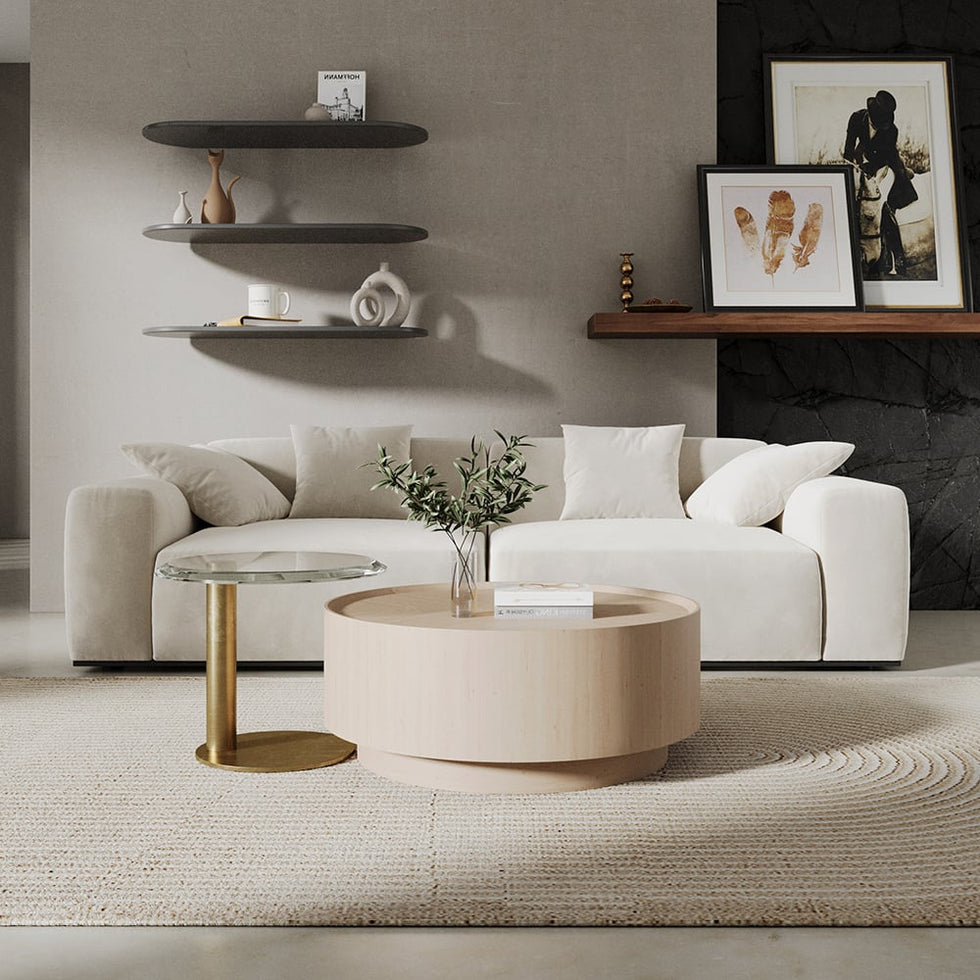 HMR - Set of 2 Round Nesting Coffee Table Set White Oak with 2 Drawers in White & Clear & Gold