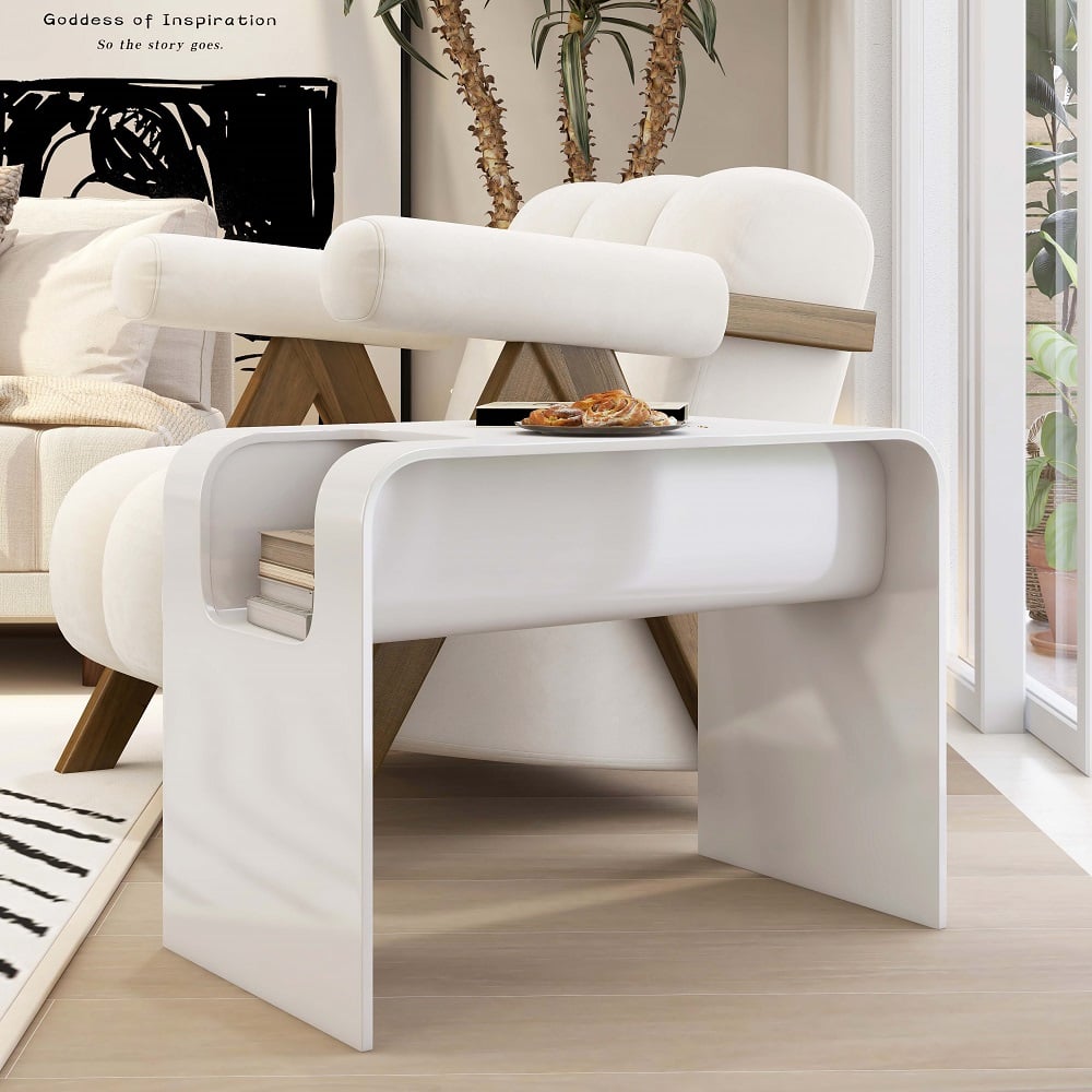 HMR - C-Shaped Convertible Wood Side Table with Storage