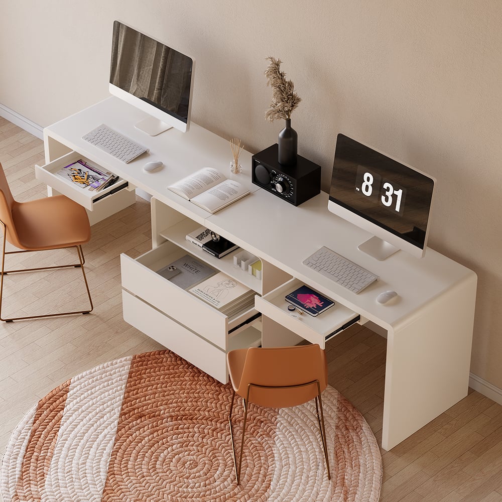 HMR - 94.5" 2-Person Double Desk Modern Retangular Office Desk 4 Drawers & 1 Cabinet