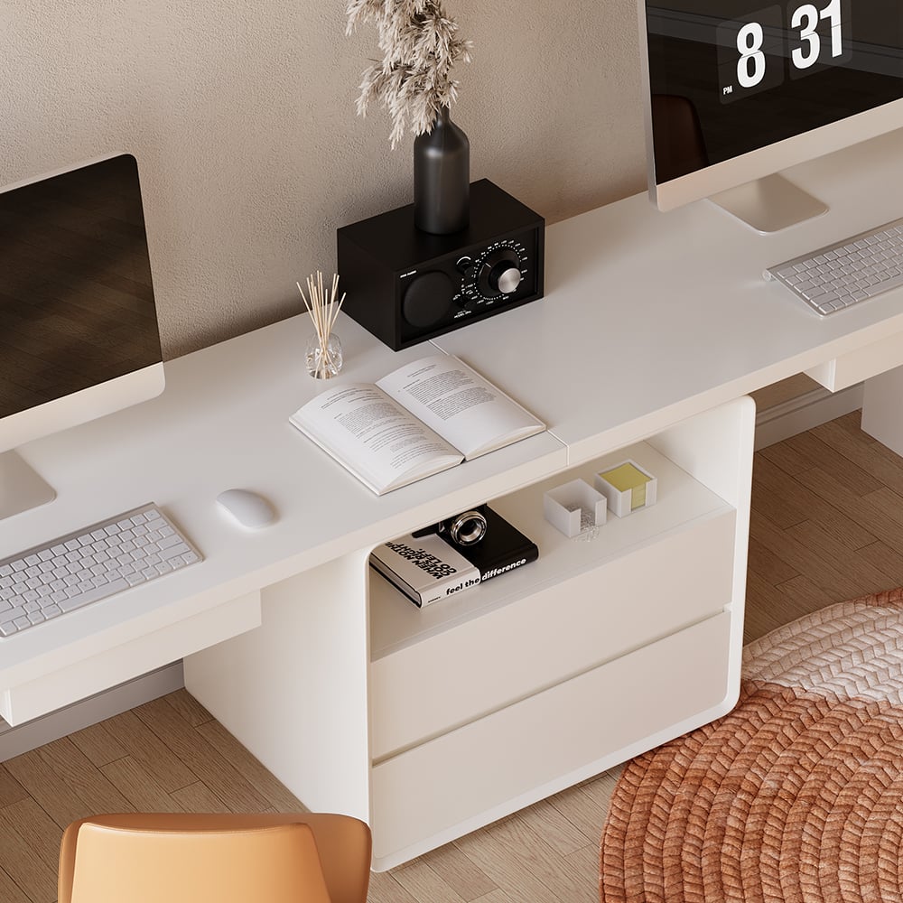 HMR - 94.5" 2-Person Double Desk Modern Retangular Office Desk 4 Drawers & 1 Cabinet