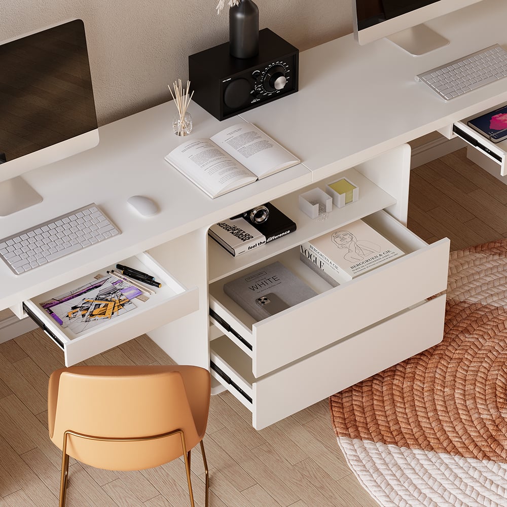 HMR - 94.5" 2-Person Double Desk Modern Retangular Office Desk 4 Drawers & 1 Cabinet