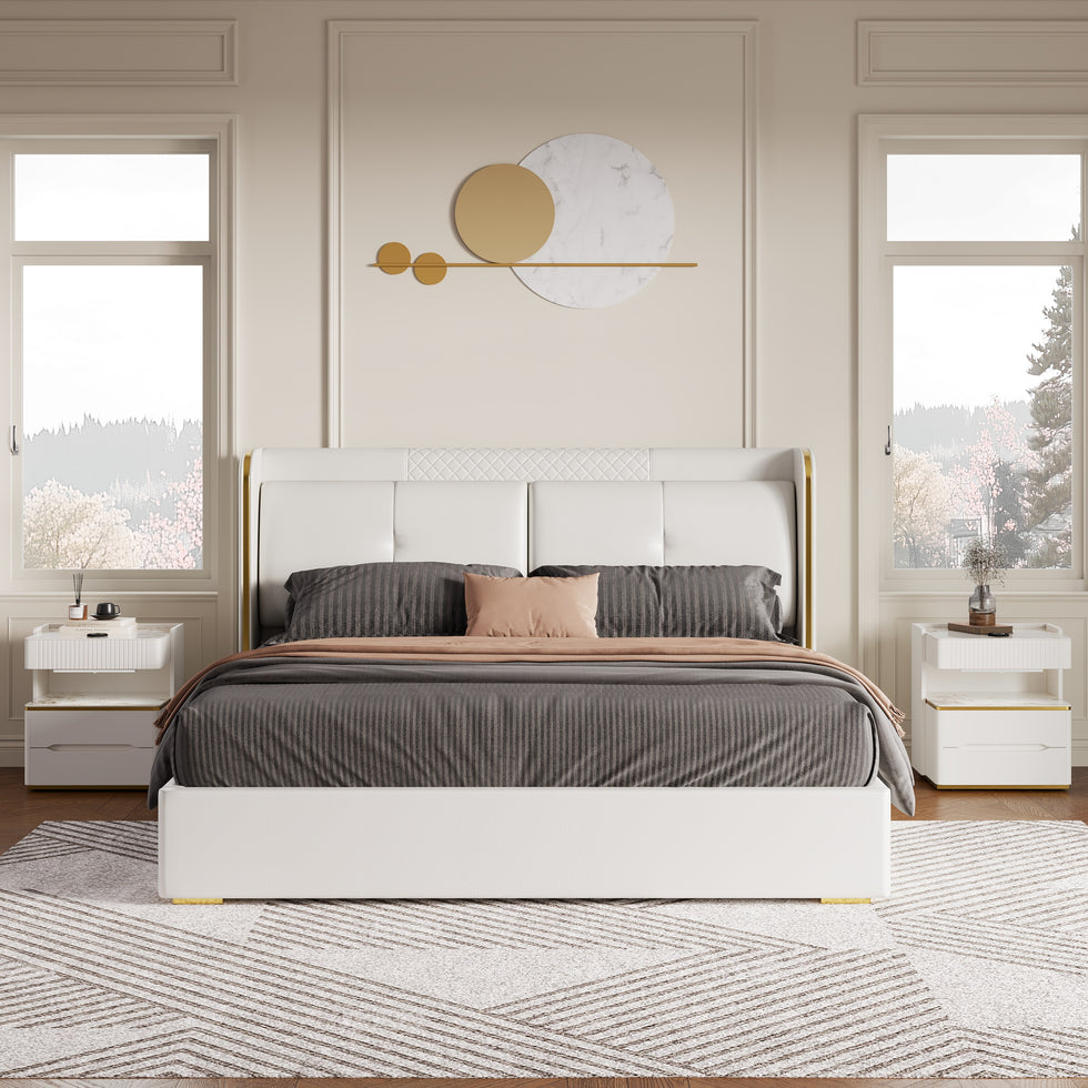 HMR - Wingback Bed Headboard & 2 Nightstands Set with Wireless Charger